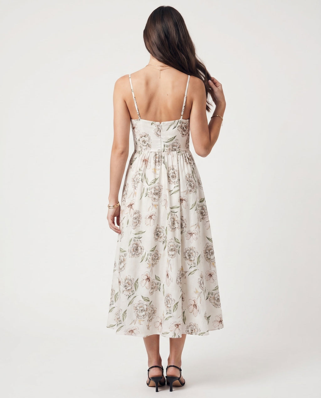 Thin Adjustable Strap Elastic Back Waisted Midi Dress Ivory/Green