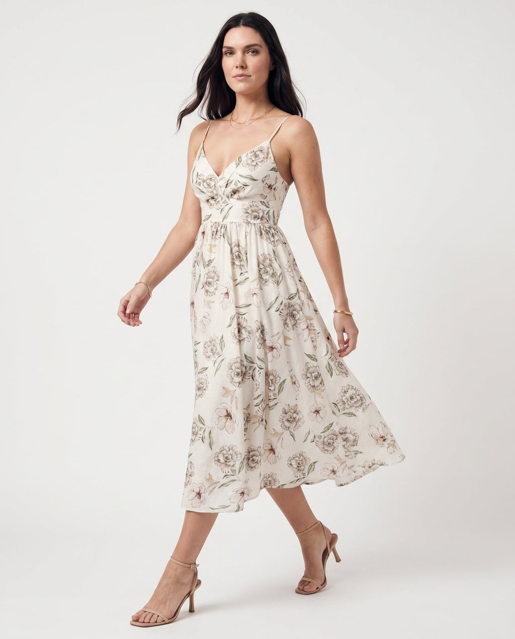 Thin Adjustable Strap Elastic Back Waisted Midi Dress Ivory/Green