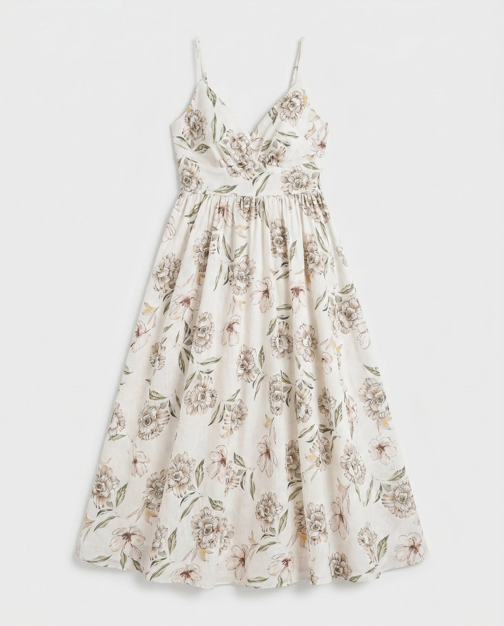 Thin Adjustable Strap Elastic Back Waisted Midi Dress Ivory/Green